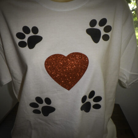 White T-shirt with a red heart and black paw prints design.