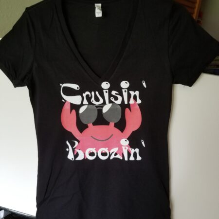Black V-neck shirt with 'Cruisin' boozin'' text and flaming skull design.