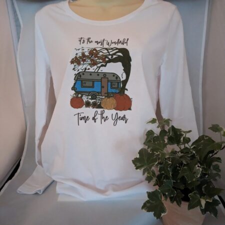 White T-shirt with a colorful graphic and text design.