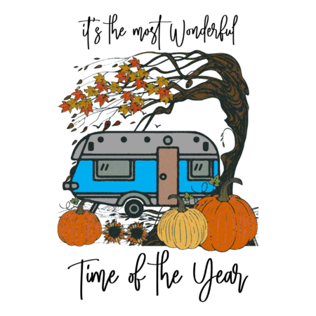 A blue camper trailer surrounded by autumn pumpkins and fall leaves.