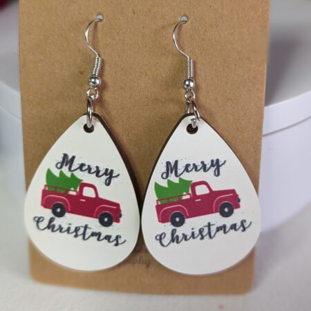 Merry Christmas Earrings with Truck and Tree (Teardrop shape)