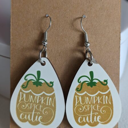 Pair of teardrop-shaped earrings with pumpkin-themed text and green vine design.